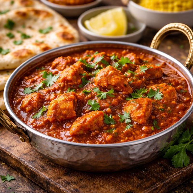 Takeaway-style Indian curry in a metal bowl with coriander and naan