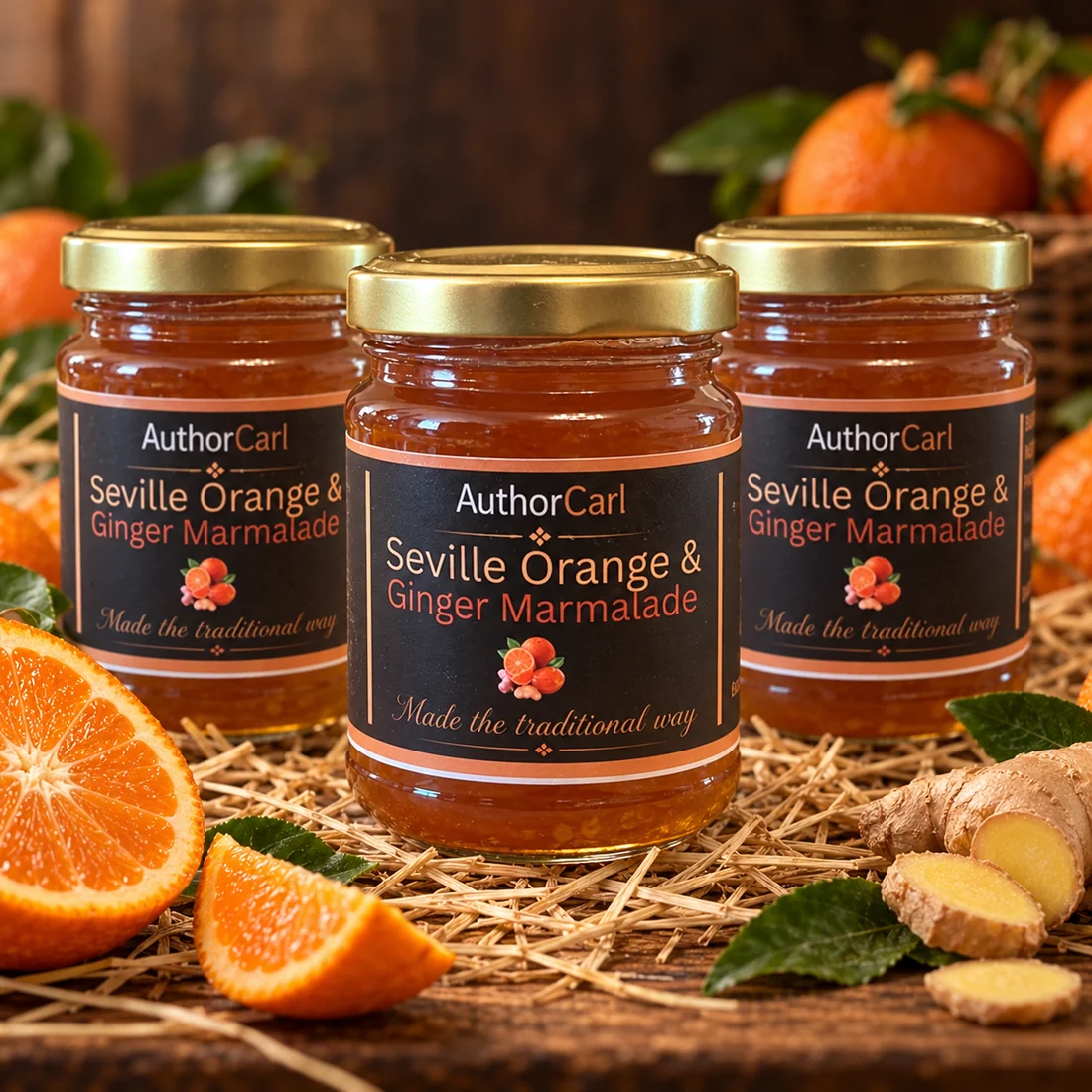 Author Carl Seville Orange & Ginger Marmalade trio of three 245g jars
