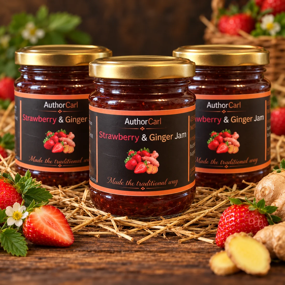 Author Carl Strawberry & Ginger Jam trio of three 245g jars