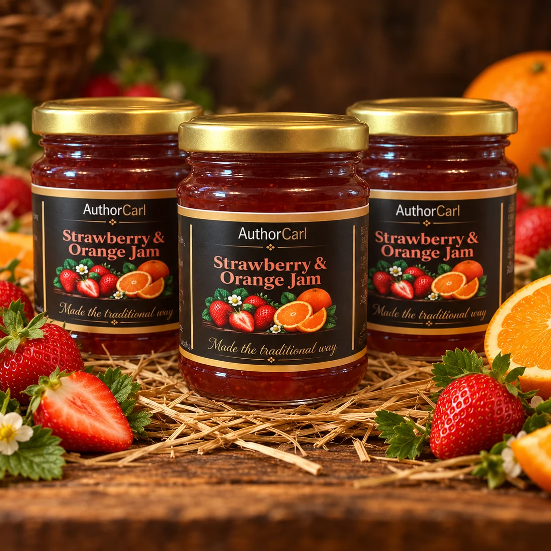 Author Carl Strawberry & Orange Jam trio of three 245g jars
